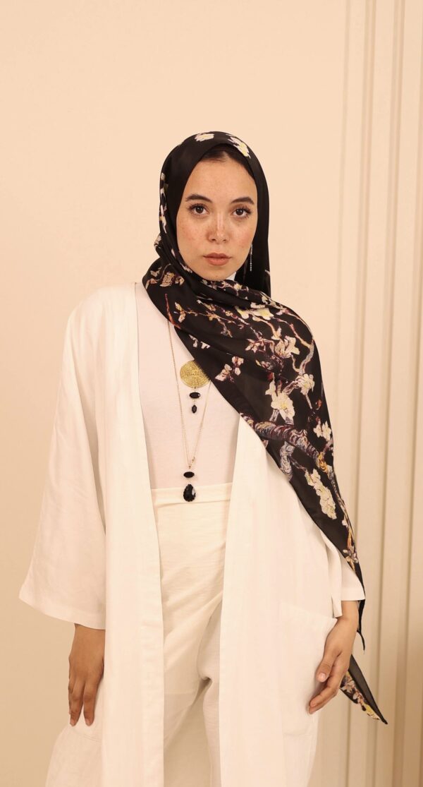 Almond Blossom Italian Silk Scarf-Black