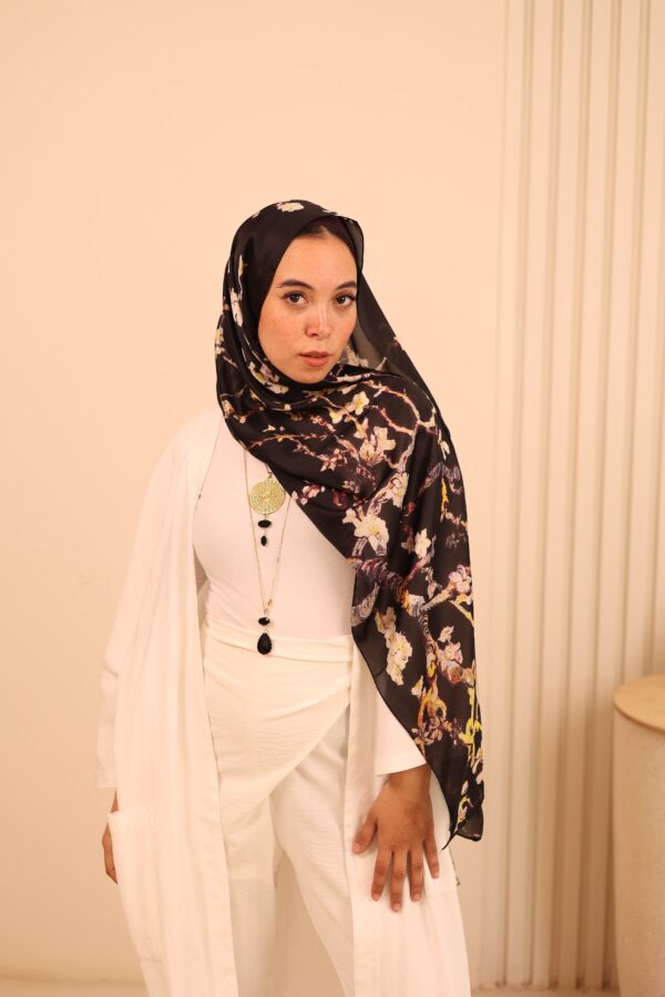 Almond Blossom Italian Silk Scarf-Black