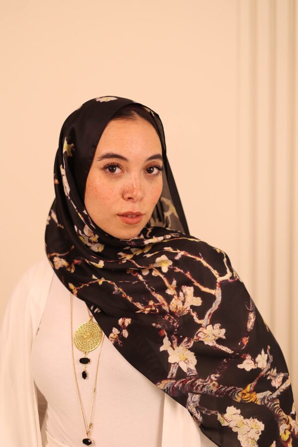 Almond Blossom Italian Silk Scarf-Black