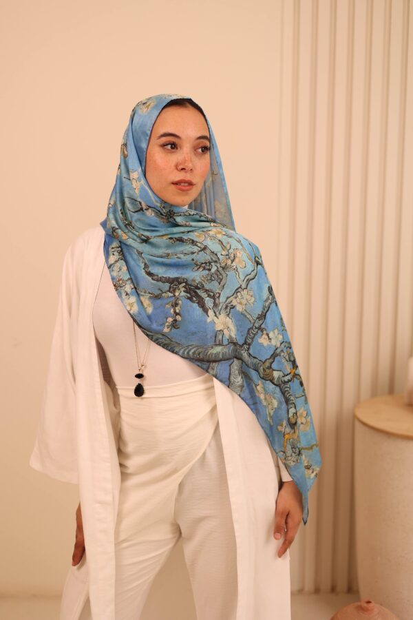 Almond Blossom Italian Silk Scarf-Blue
