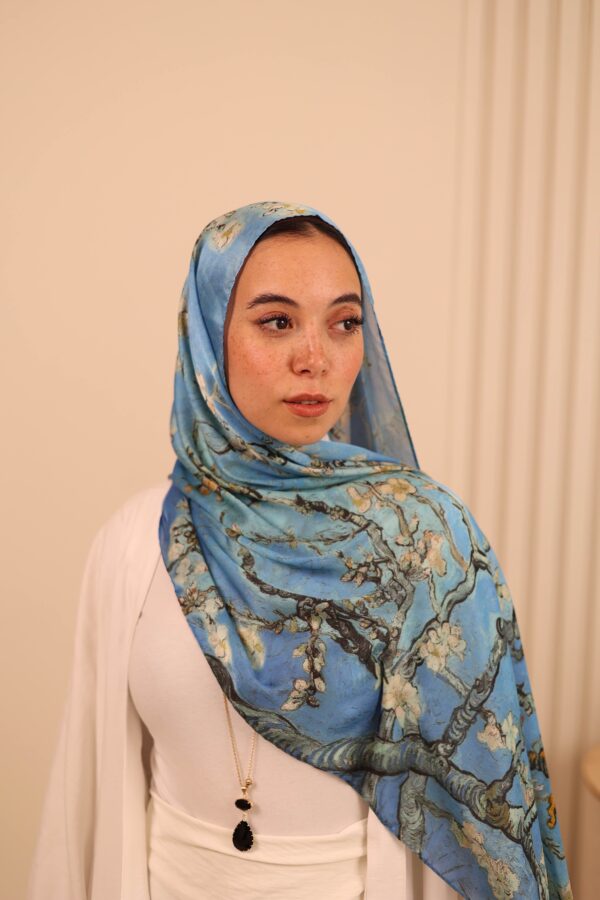 Almond Blossom Italian Silk Scarf-Blue