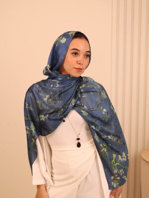 Almond Blossom Italian Silk Scarf-Petroleum Blue