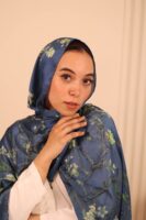Almond Blossom Italian Silk Scarf-Petroleum Blue