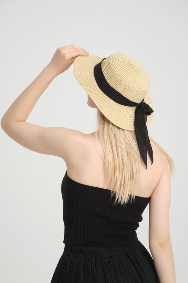 14390-18 Beige Wide Straw Hat with Bow