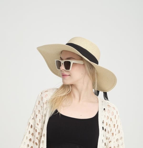 14390-18 Beige Wide Straw Hat with Bow