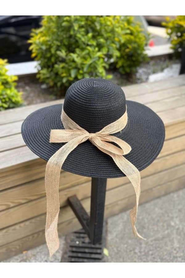 14232-32 Rope Bow Black Wide Straw Hat