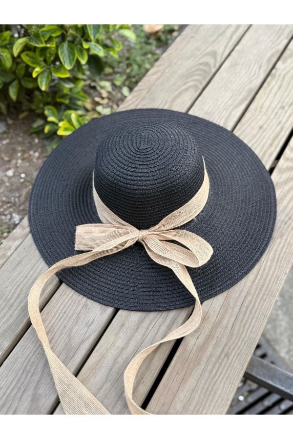 14232-32 Rope Bow Black Wide Straw Hat