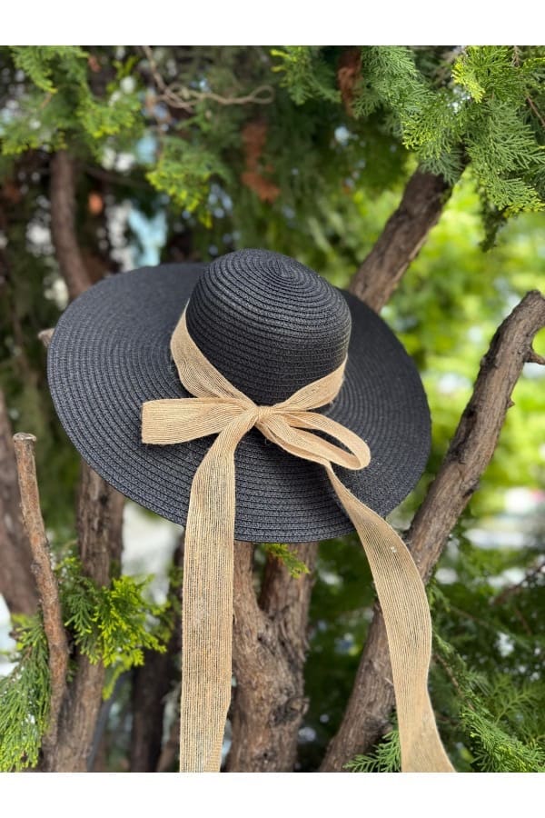 14232-32 Rope Bow Black Wide Straw Hat