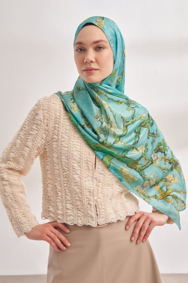 Almond Blossom Italian Silk Scarf-Aqua