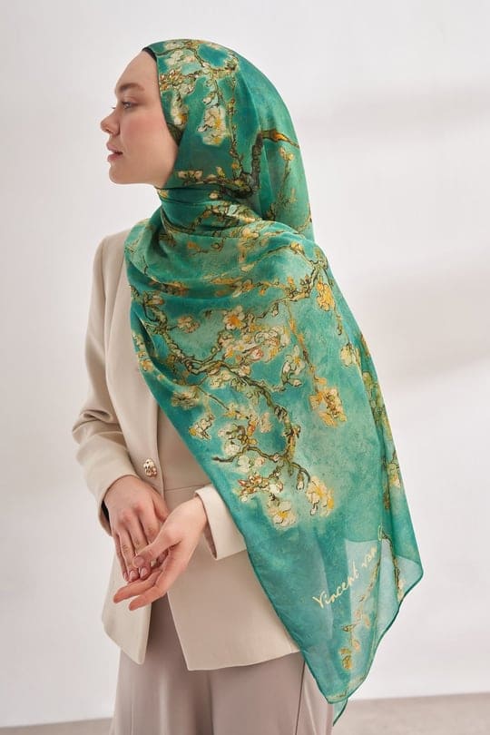 Almond Blossom Italian Silk Scarf-Green