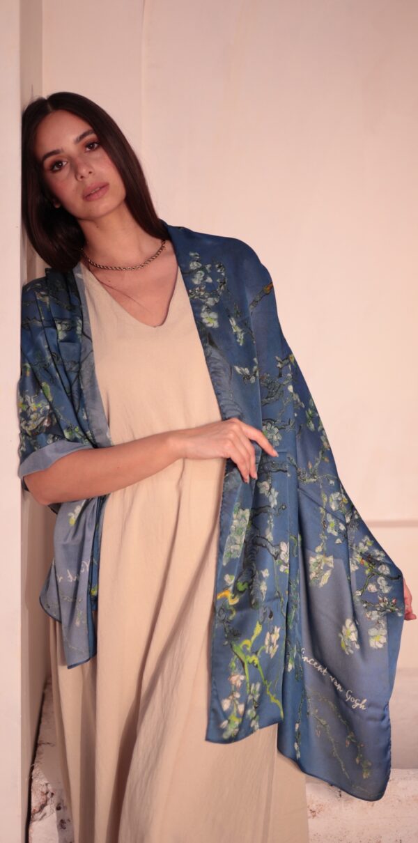 Almond Blossom Italian Silk Scarf-Petroleum Blue