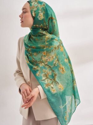 Almond Blossom Italian Silk Scarf-Green