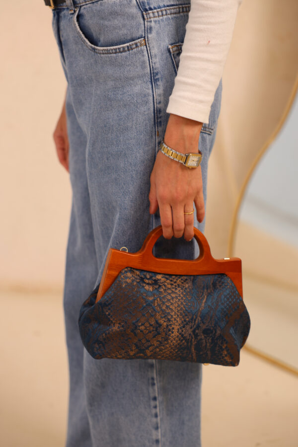 JOPHIEL Turkish Wooden Bursted Fabric Bag With Chain, Clutch, Shoulder Bag