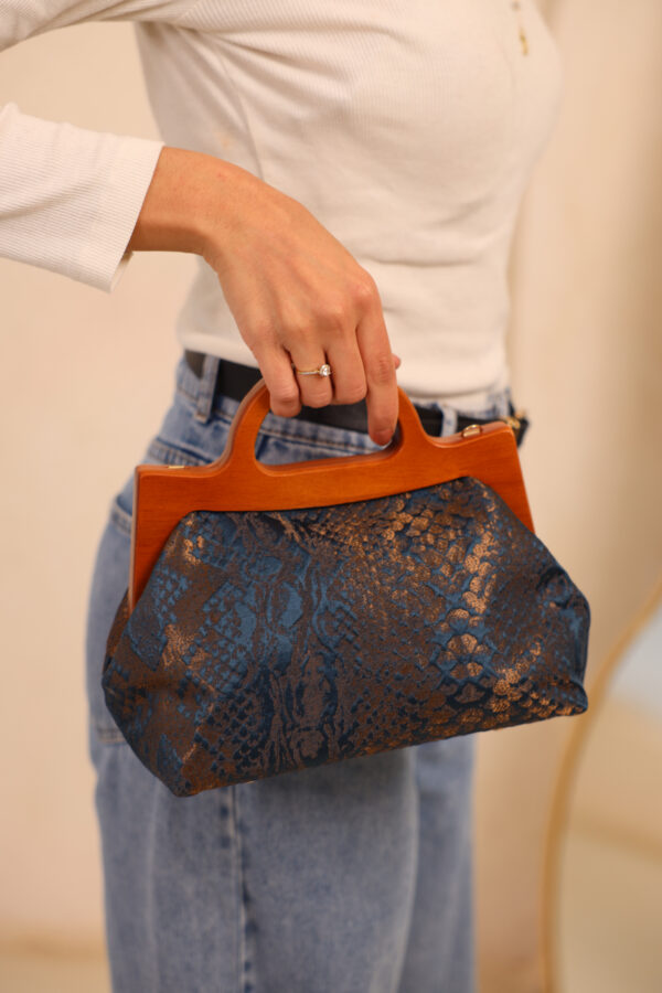 JOPHIEL Turkish Wooden Bursted Fabric Bag With Chain, Clutch, Shoulder Bag