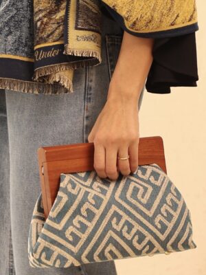 JOPHIEL Turkish Wooden Bursted Fabric Bag With Chain, Clutch, Shoulder Bag