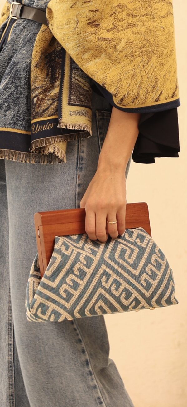 JOPHIEL Turkish Wooden Bursted Fabric Bag With Chain, Clutch, Shoulder Bag