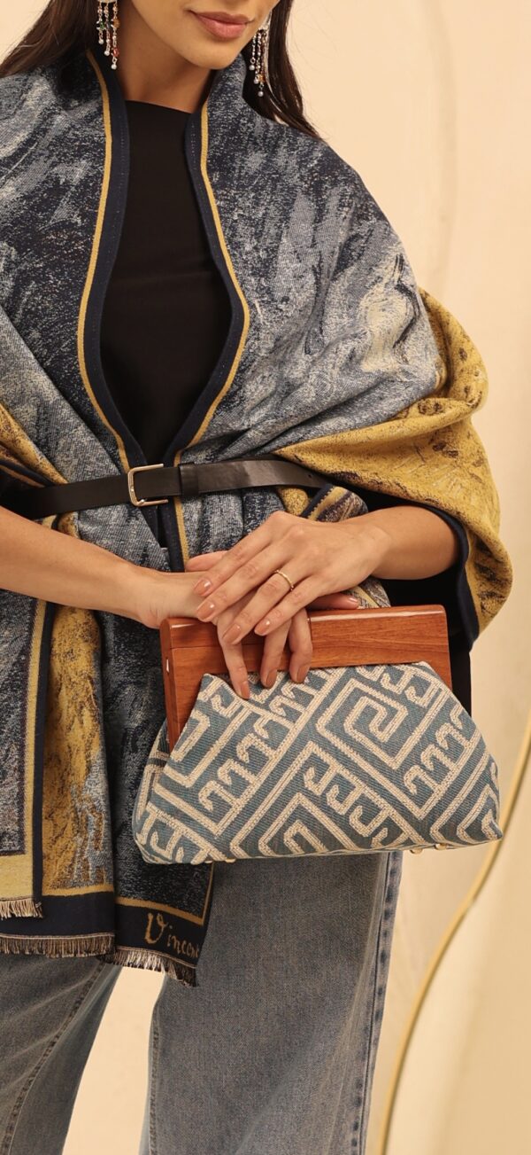 JOPHIEL Turkish Wooden Bursted Fabric Bag With Chain, Clutch, Shoulder Bag