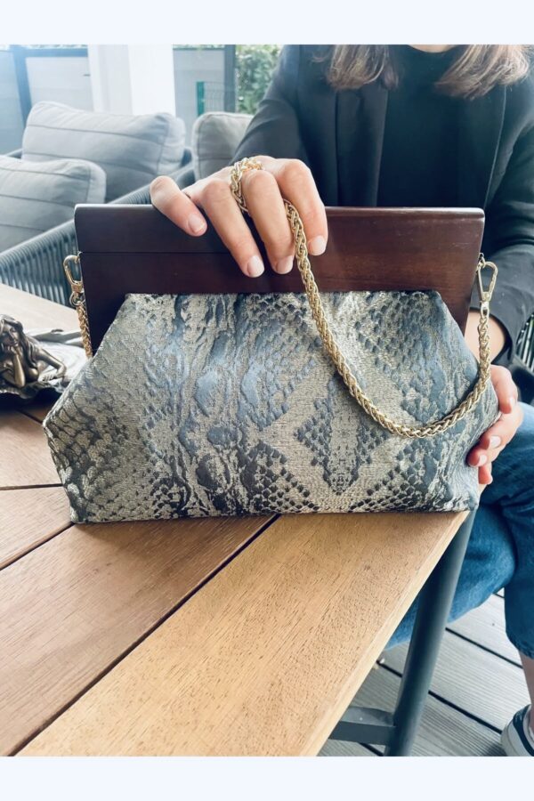 0JOPHIEL Turkish Wooden Bursted Fabric Bag With Chain, Clutch, Shoulder Bag