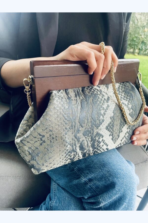 0JOPHIEL Turkish Wooden Bursted Fabric Bag With Chain, Clutch, Shoulder Bag
