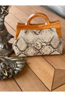 0JOPHIEL Turkish Wooden Bursted Fabric Bag With Chain, Clutch, Shoulder Bag