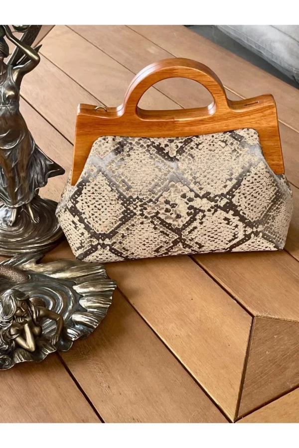 0JOPHIEL Turkish Wooden Bursted Fabric Bag With Chain, Clutch, Shoulder Bag
