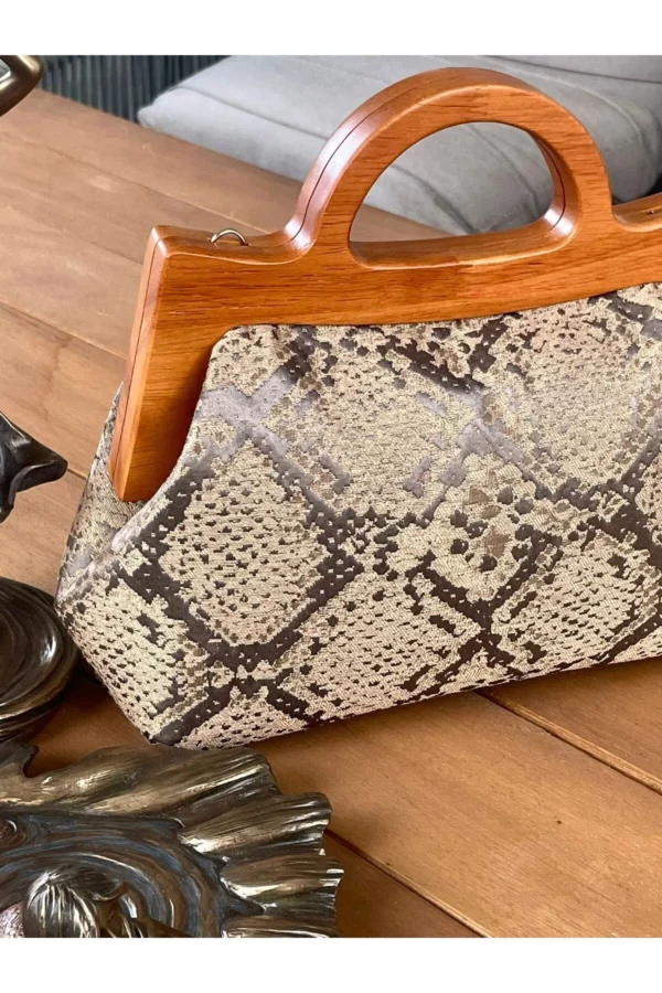 0JOPHIEL Turkish Wooden Bursted Fabric Bag With Chain, Clutch, Shoulder Bag
