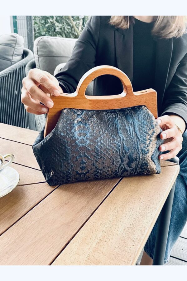 JOPHIEL Turkish Wooden Bursted Fabric Bag With Chain, Clutch, Shoulder Bag