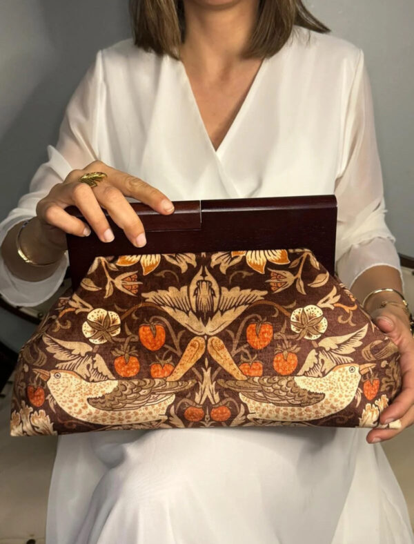 JOPHIEL Turkish Wooden Bursted Fabric Bag , Clutch, Shoulder Bag