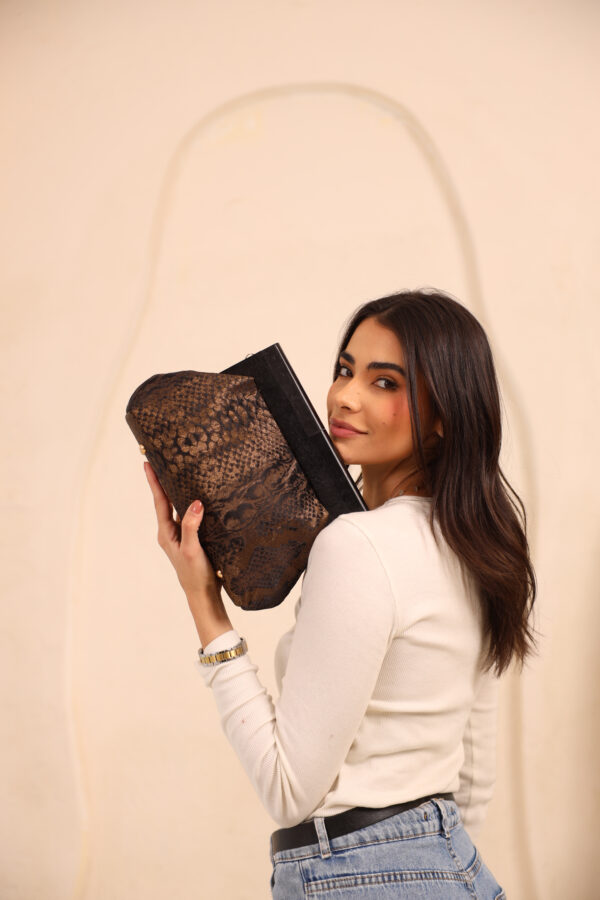 JOPHIEL Turkish Wooden Bursted Fabric Bag With Chain, Clutch, Shoulder Bag