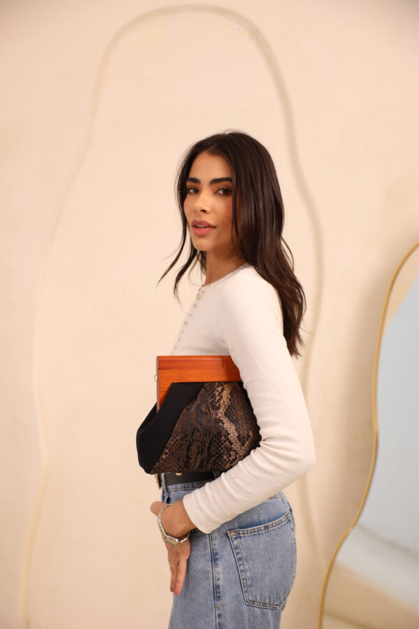 JOPHIEL Turkish Wooden Bursted Fabric Bag With Chain, Clutch, Shoulder Bag