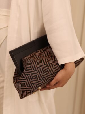 JOPHIEL Turkish Wooden Bursted Fabric Clutch, Handbag