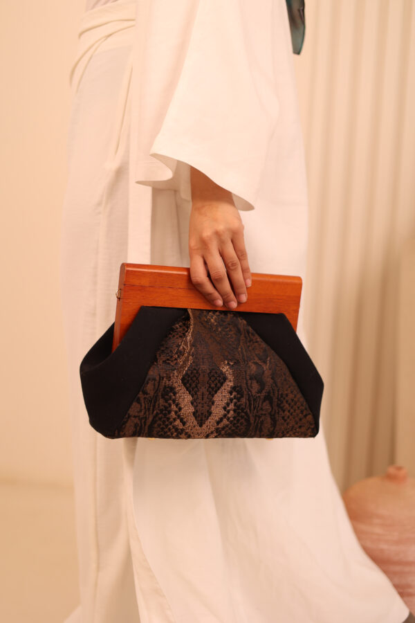 JOPHIEL Turkish Wooden Bursted Fabric Bag With Chain, Clutch, Shoulder Bag