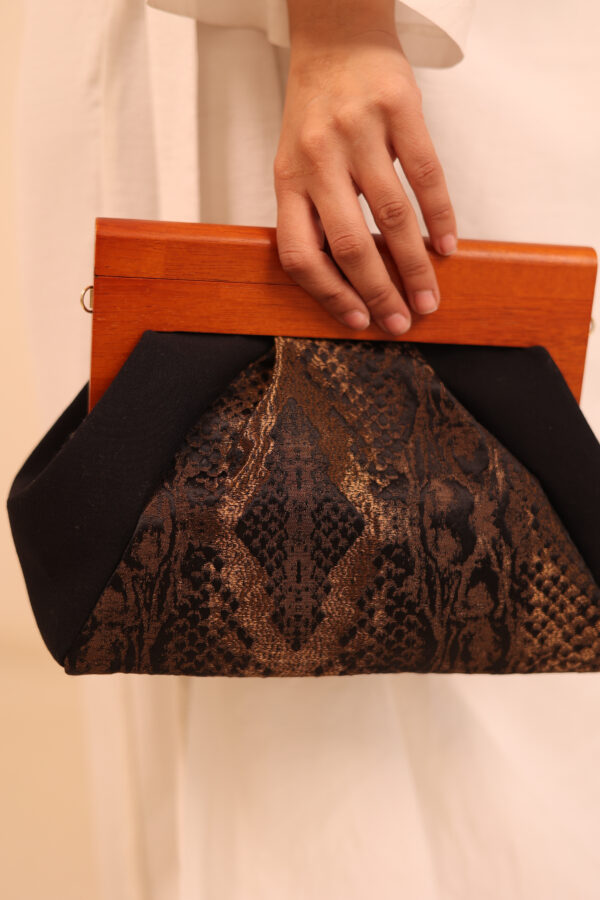 JOPHIEL Turkish Wooden Bursted Fabric Bag With Chain, Clutch, Shoulder Bag