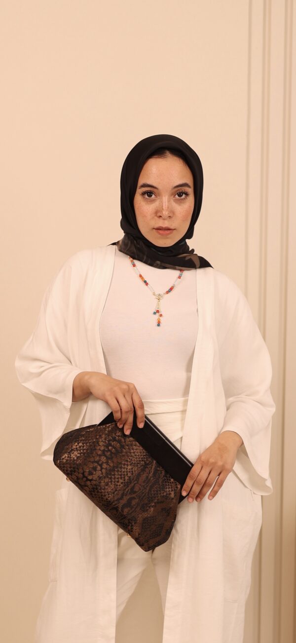 JOPHIEL Turkish Wooden Bursted Fabric Bag With Chain, Clutch, Shoulder Bag