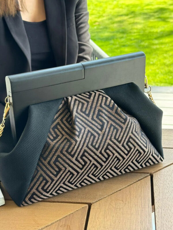 JOPHIEL Turkish Wooden Bursted Fabric Bag With Chain, Clutch, Shoulder Bag