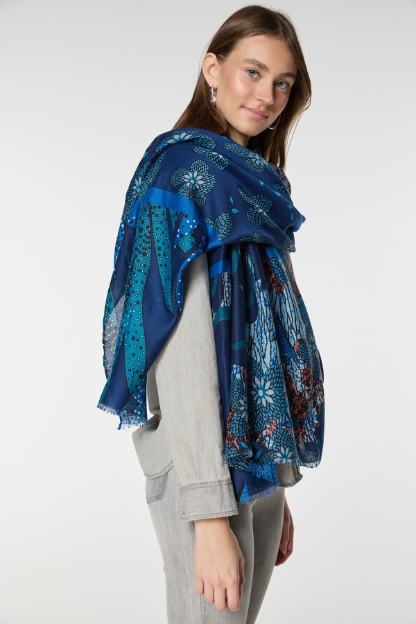 Luxurious Soft Turkish Cashmere Flory Shawl-Blue