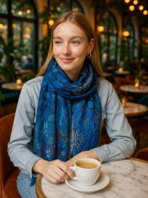 Luxurious Soft Turkish Cashmere Flory Shawl-Blue