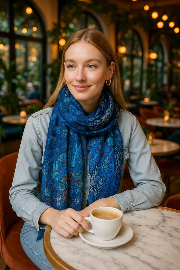 Luxurious Soft Turkish Cashmere Flory Shawl-Blue