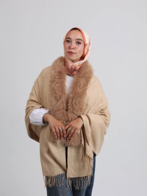 Premium Fur Tassel Poncho-Beige