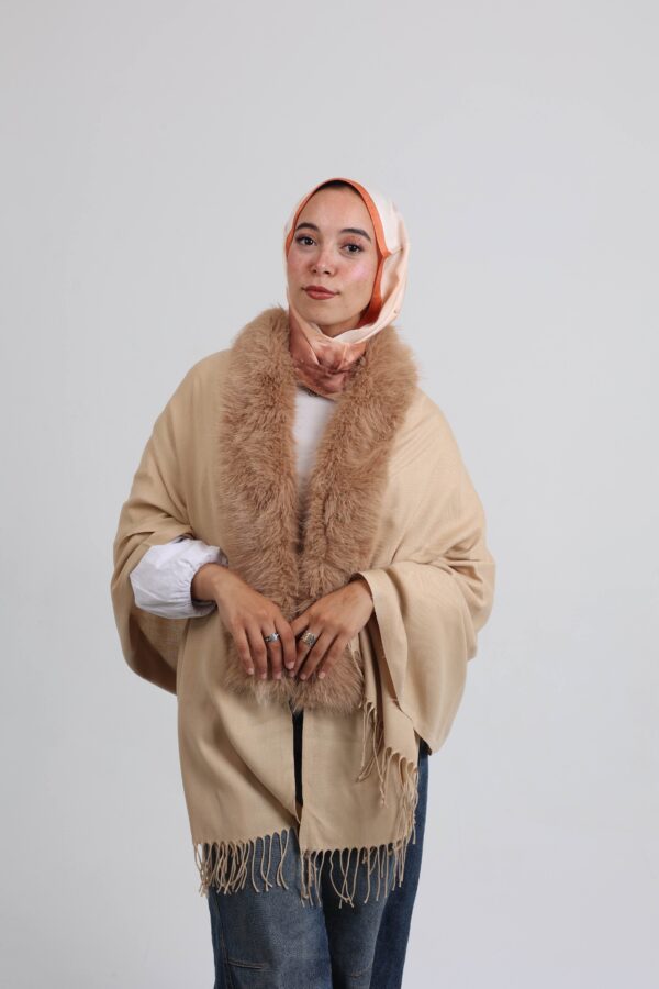 Premium Fur Tassel Poncho-Beige
