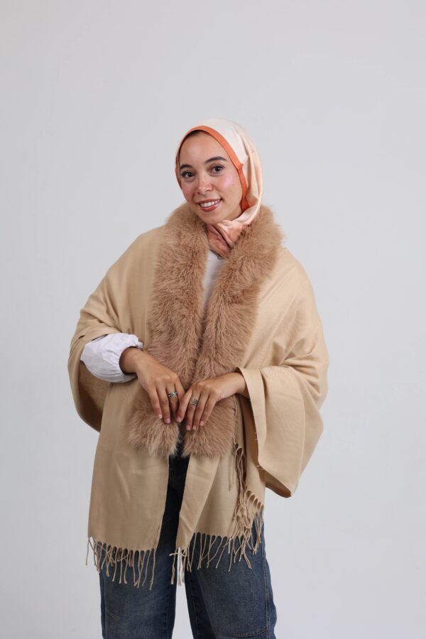 Premium Fur Tassel Poncho-Beige