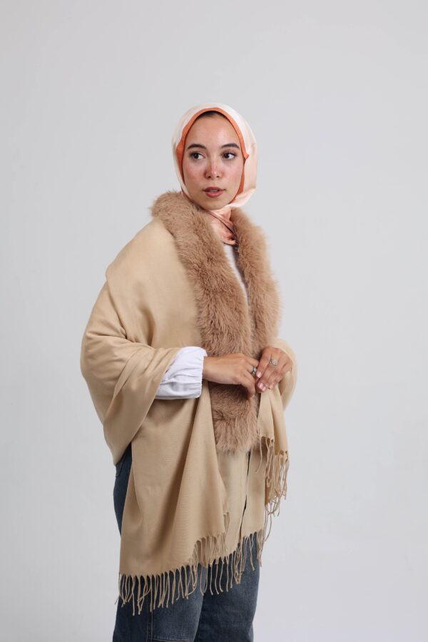 Premium Fur Tassel Poncho-Beige