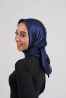 Janjan Silky Satin Square Scarf-Navy