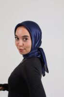 Janjan Silky Satin Square Scarf-Navy