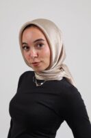 Janjan Silky Satin Square Scarf-Beige
