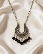 Jasper Silver Stainless Steel Necklace with Black Pearl Accent