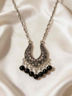 Jasper Silver Stainless Steel Necklace with Black Pearl Accent