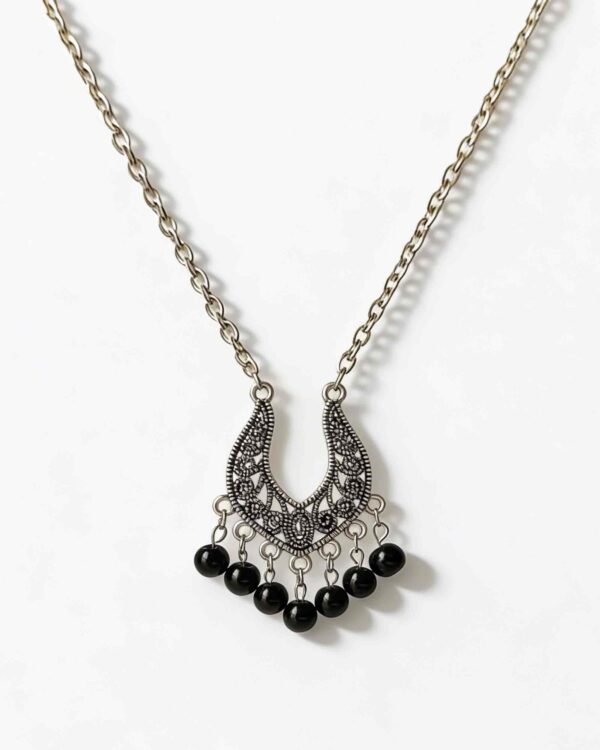 Jasper Silver Stainless Steel Necklace with Black Pearl Accent