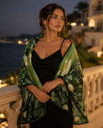 Luxury Double Layered Silk Shawl – Emerald Bloom