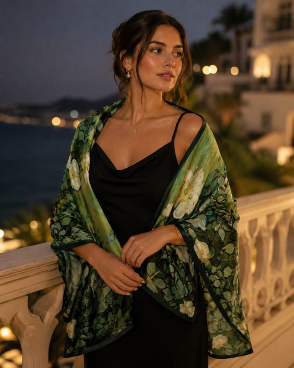 Luxury Double Layered Silk Shawl – Emerald Bloom